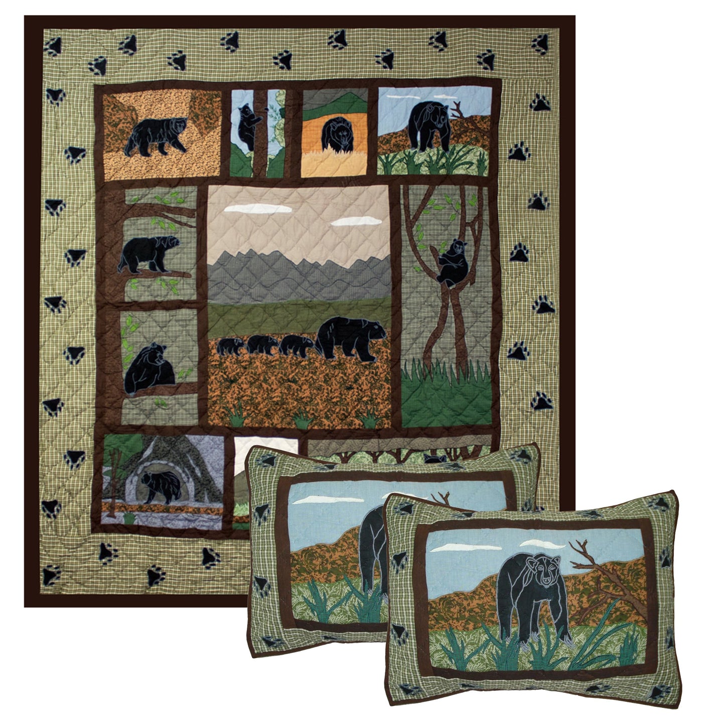 Poetry of bears Quilt, Hand cut and Appliqued cotton fabric motifs | Buy a Quilt and get a matching Pillow Sham FREE