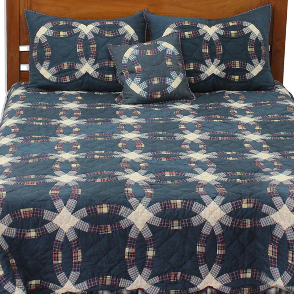 Blue Double Wedding Ring Twin Quilt – 65"x85" Handmade Cotton Quilt with Diamond-Like Blue Patterns