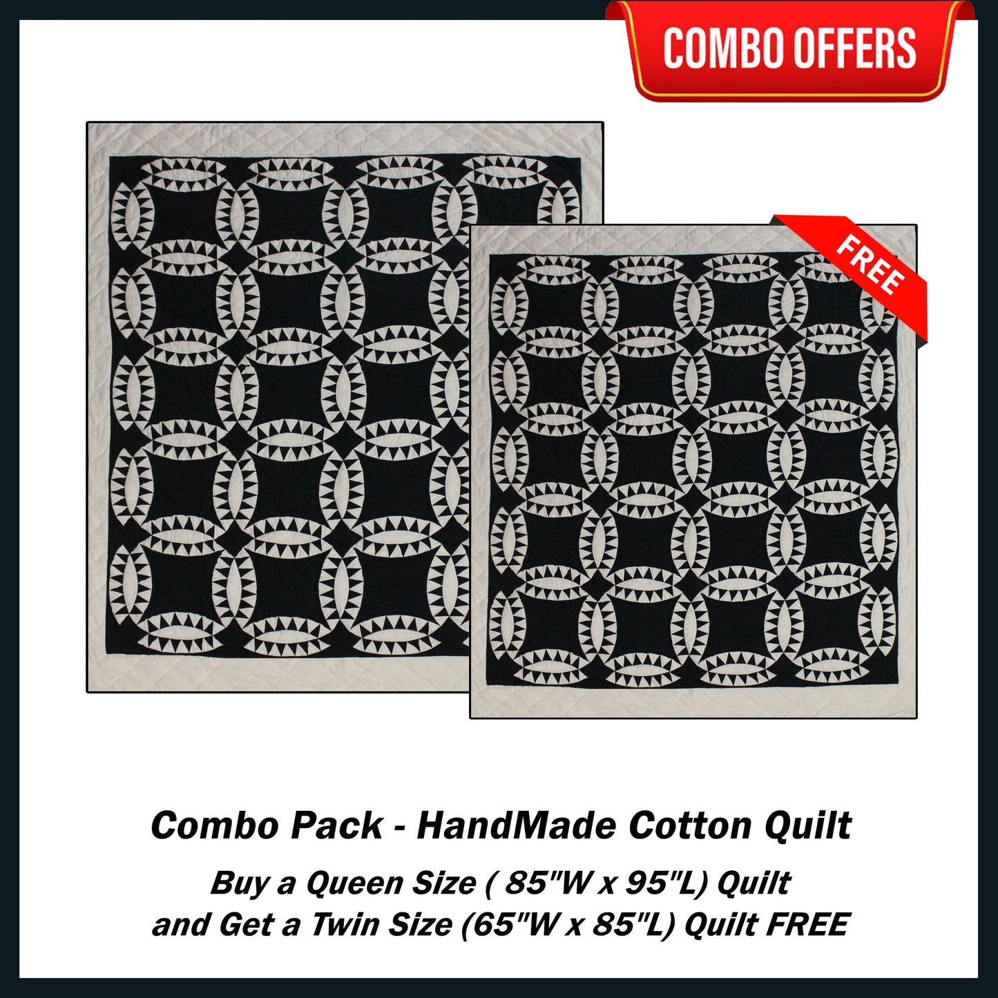 Black and white Wedding Ring Handmade Cotton Quilt - Buy a Queen Size Quilt and Get a Twin Size Quilt FREE