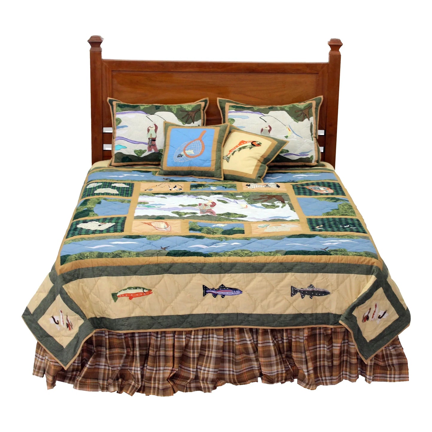 Rock Creek Fishing Quilt, Hand cut and Appliqued cotton fabric motifs.
