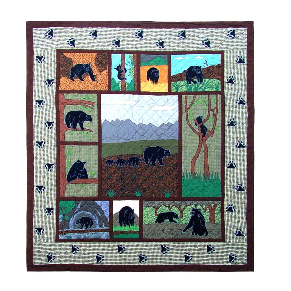 Patch Magic's Embroidered Duvet Cover - Cotton and Handmade Duvet Cover Bear Country Duvet Cover This is a handsome sage green quilt which houses black bears in all their habitats including the cutest line up of bear cubs behind gigantic papa bear and mama bear. The queue up of bear tracks on the edges of the quilt completes this bear country and makes this the best choice for any cabin.