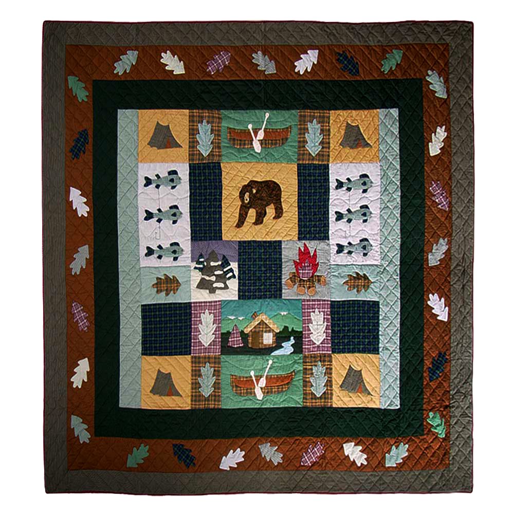 Patch Magic's Embroidered Duvet Cover - Cotton and Handmade Duvet Cover Cabin Duvet Cover A Cozy ill addition for your cabin in the woods or lodge. The cabin collection lets your hideaway in cozy coordinates of warm homespun plaids, rustic fabrics, hunting icons of log cabins, trout, canoes, log wood fires pitched tents rustling fallen leaves and towering brown bears that welcomes you like an old friend.
