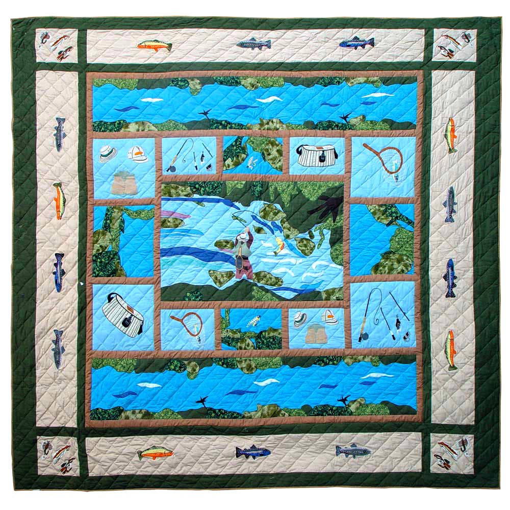 Patch Magic's Embroidered Duvet Cover - Cotton and Handmade Duvet Cover Fly Fishing Duvet Cover With the fisher man in the center and the flying fish in the warm seas frequently leaping out of the water, and using its wing-like fins to glide, guides our eyes to go behind it which forms a lively attractive sight in this Duvet Cover. While the fishing poles, nets and its other accessories makes it natural with a trove of its trout’s.
