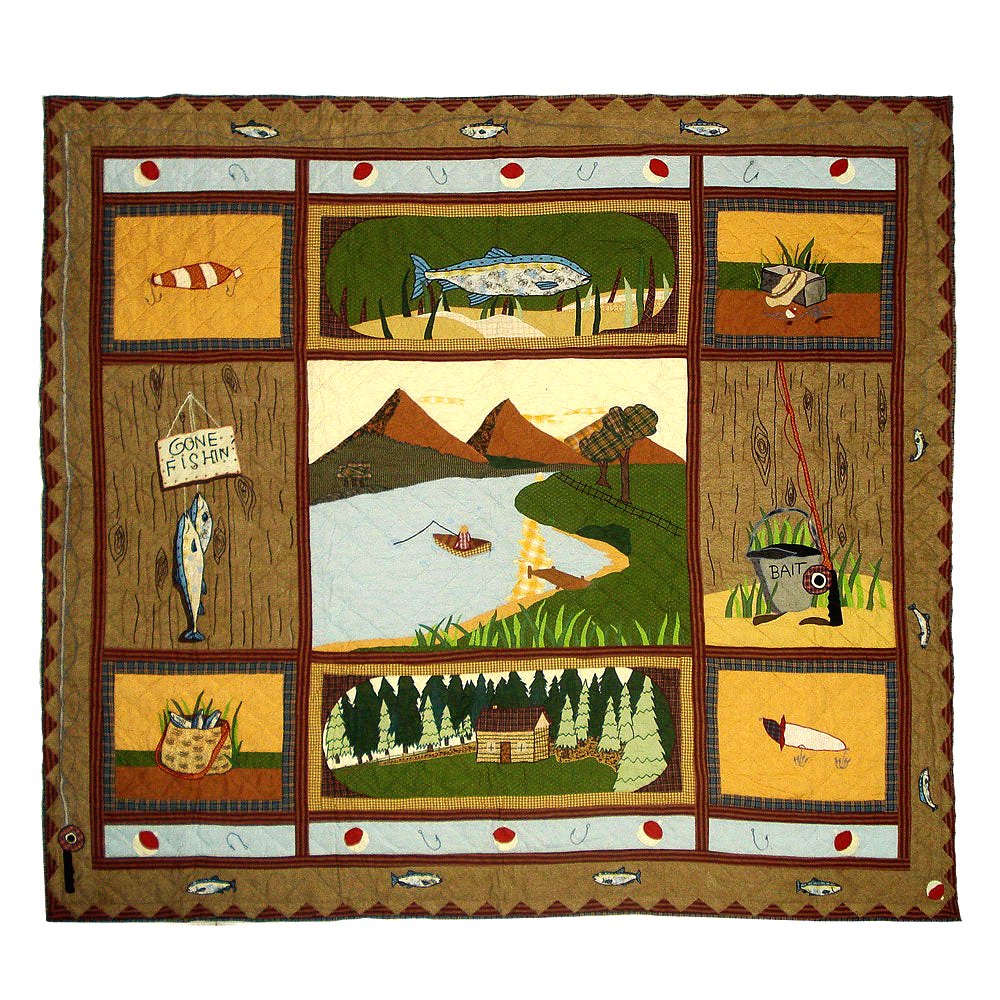 Patch Magic's Embroidered Duvet Cover - Cotton and Handmade Duvet Cover Gone Fishing Duvet Cover This Duvet Cover with brown triangles border, depicts a grandeur of a fishing pond surrounded by mountains. It elaborates and escalates our imagination. This pond seems to contain fish of all sizes. The fisherman in the middle of the pond seems to have a hobby and happiness in fishing. He has already caught many fish stuffed in his basket, while he is waiting for a big catch, using his fishing rod and reels