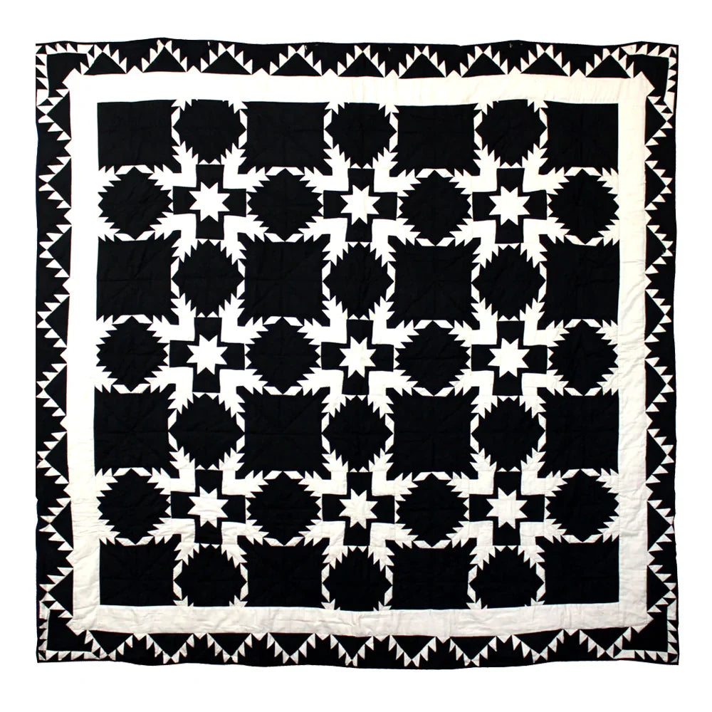 Black Feathered Star Quilt, Hand cut and Patchwork cotton fabric blocks.