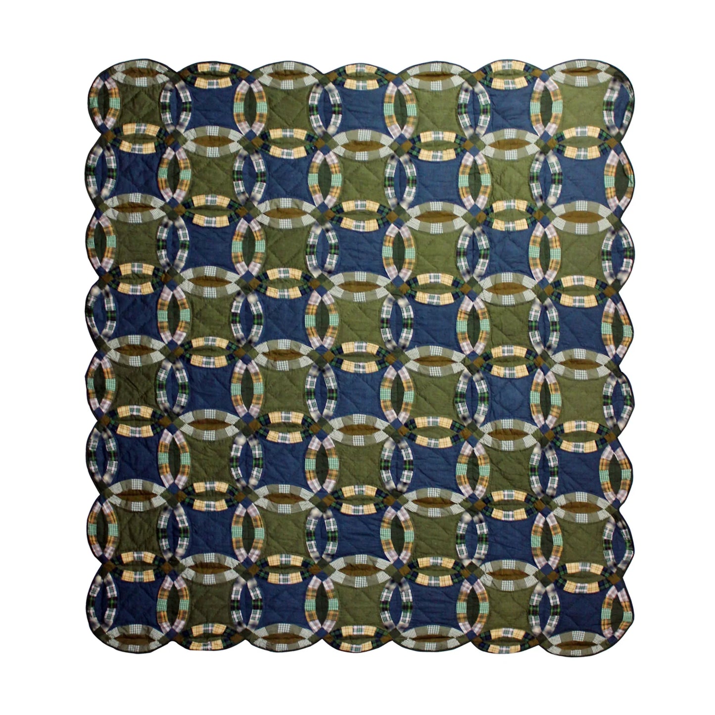 Chambray Wedding Ring Quilt, Hand cut and Patchwork cotton fabric blocks.