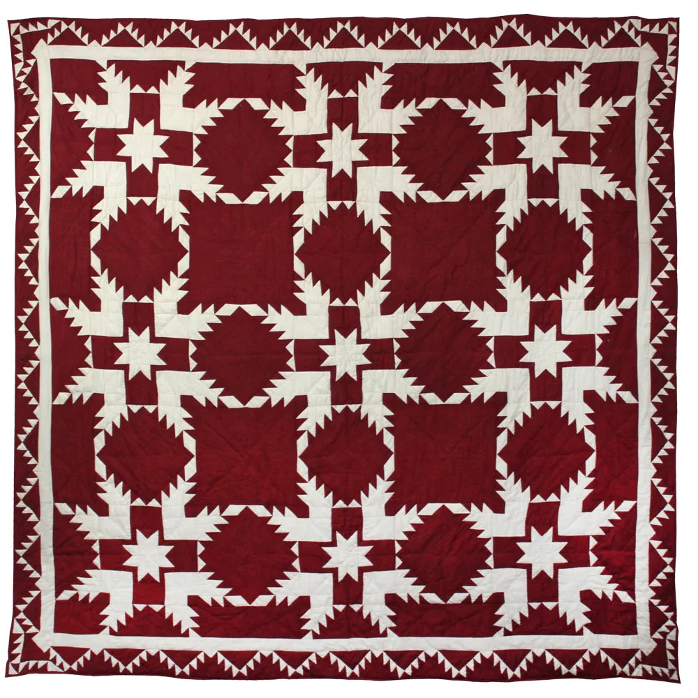 Red Feathered Star Quilt, Hand cut and Patchwork cotton fabric blocks.