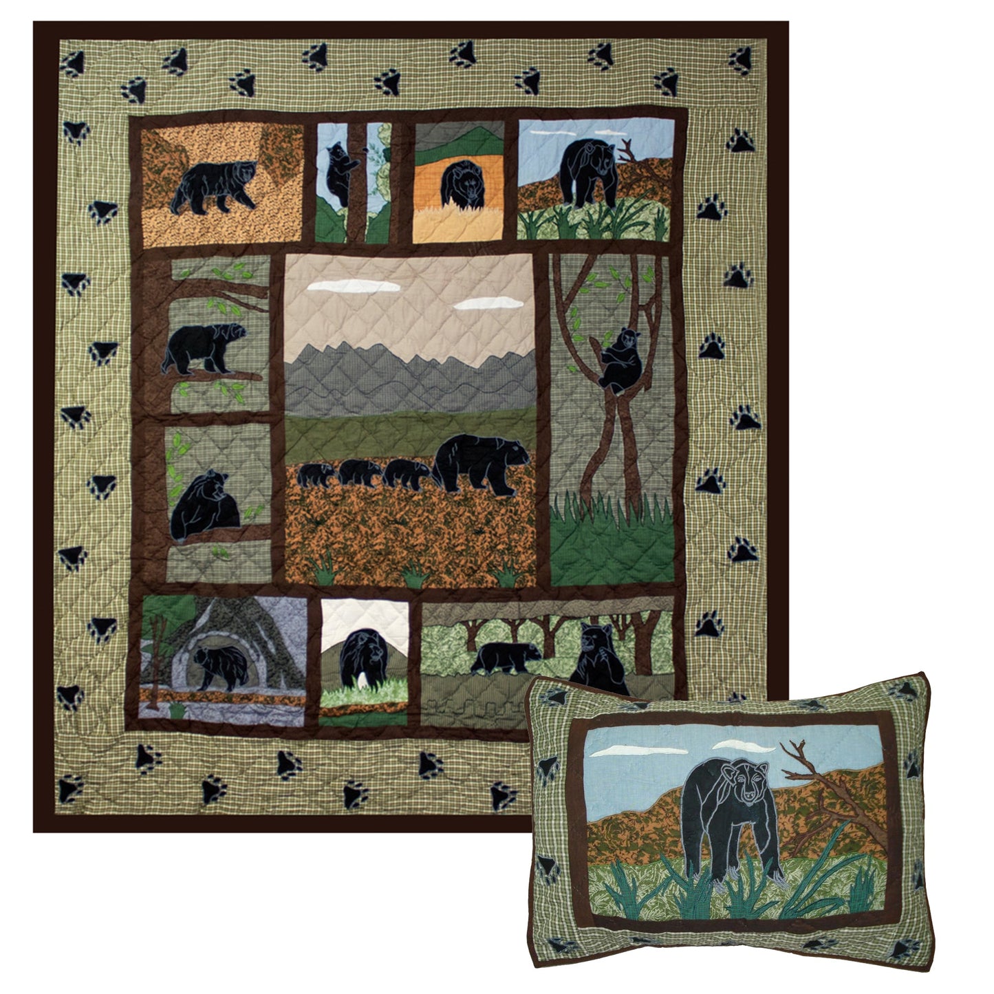 Poetry of bears Quilt, Hand cut and Appliqued cotton fabric motifs | Buy a Quilt and get a matching Pillow Sham FREE