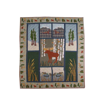 Quilted Moose Quilt, Hand cut and Appliqued cotton fabric motifs.