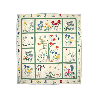 Wildflowers meadow Quilt, Hand cut and Appliqued cotton fabric motifs.
