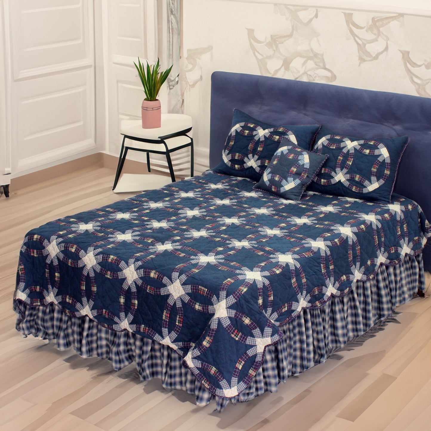 Blue Double Wedding Ring Quilt, Hand cut and Patchwork cotton fabric blocks.