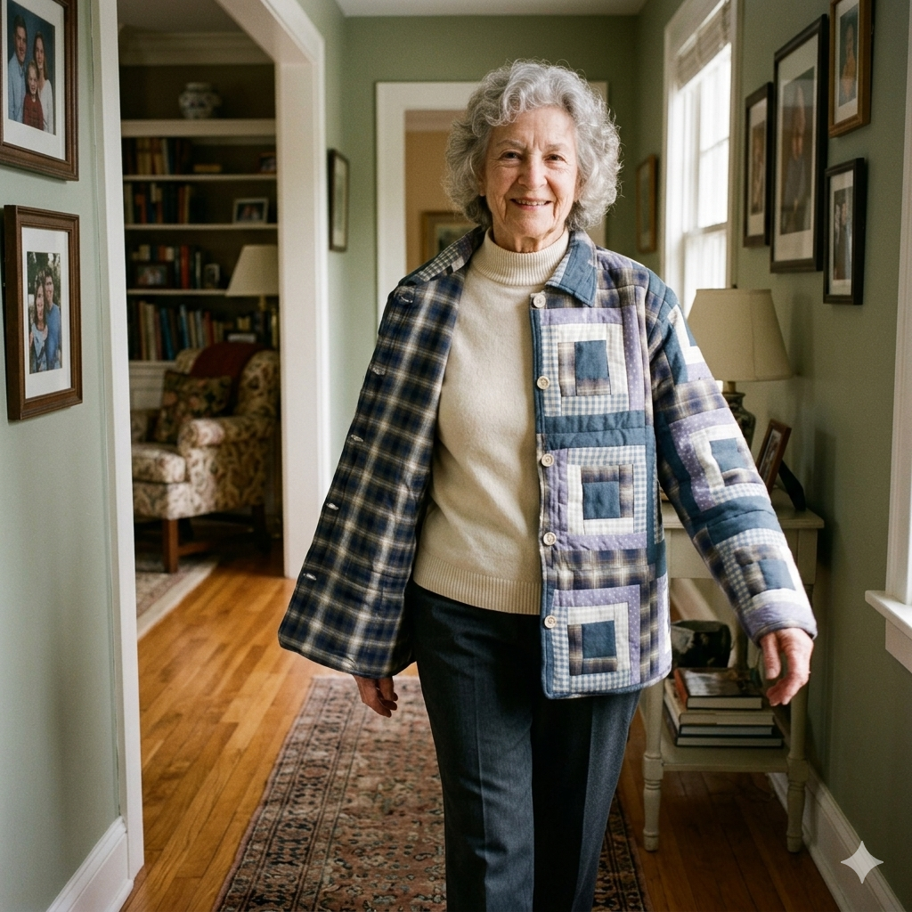 Blue Log Cabin Quilted Cotton Jacket – Log Cabin-Inspired Design, Reversible, Soft Cotton Filled, Stylish Jacket for All Seasons
