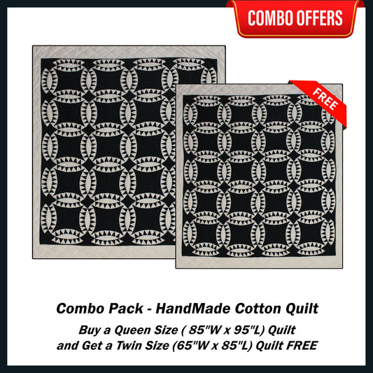 Black and white Wedding Ring Handmade Cotton Quilt - Buy a Queen Size Quilt and Get a Twin Size Quilt FREE