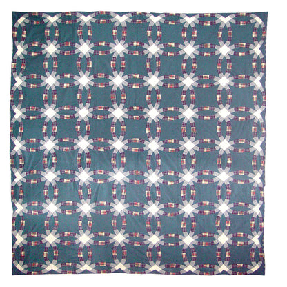 Blue Double Wedding Ring Quilt, Hand cut and Patchwork cotton fabric blocks.