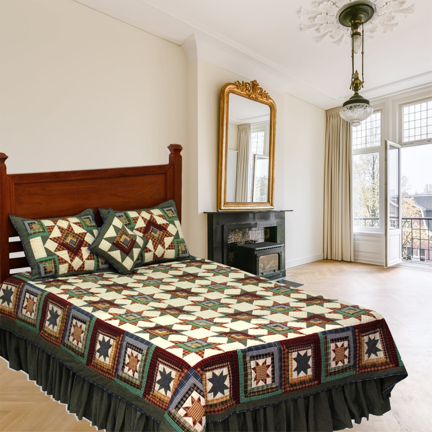 Patch Magic's Andriondack Star Quilt - These Adirondack Star feature grey and chequered yellow-brown colors encircling the border, which gives them an appealing appearance, as does the grey frill at the bottom. This Quilt will make you feel at ease and lift your spirits. This is appropriate for any cottage environment. 