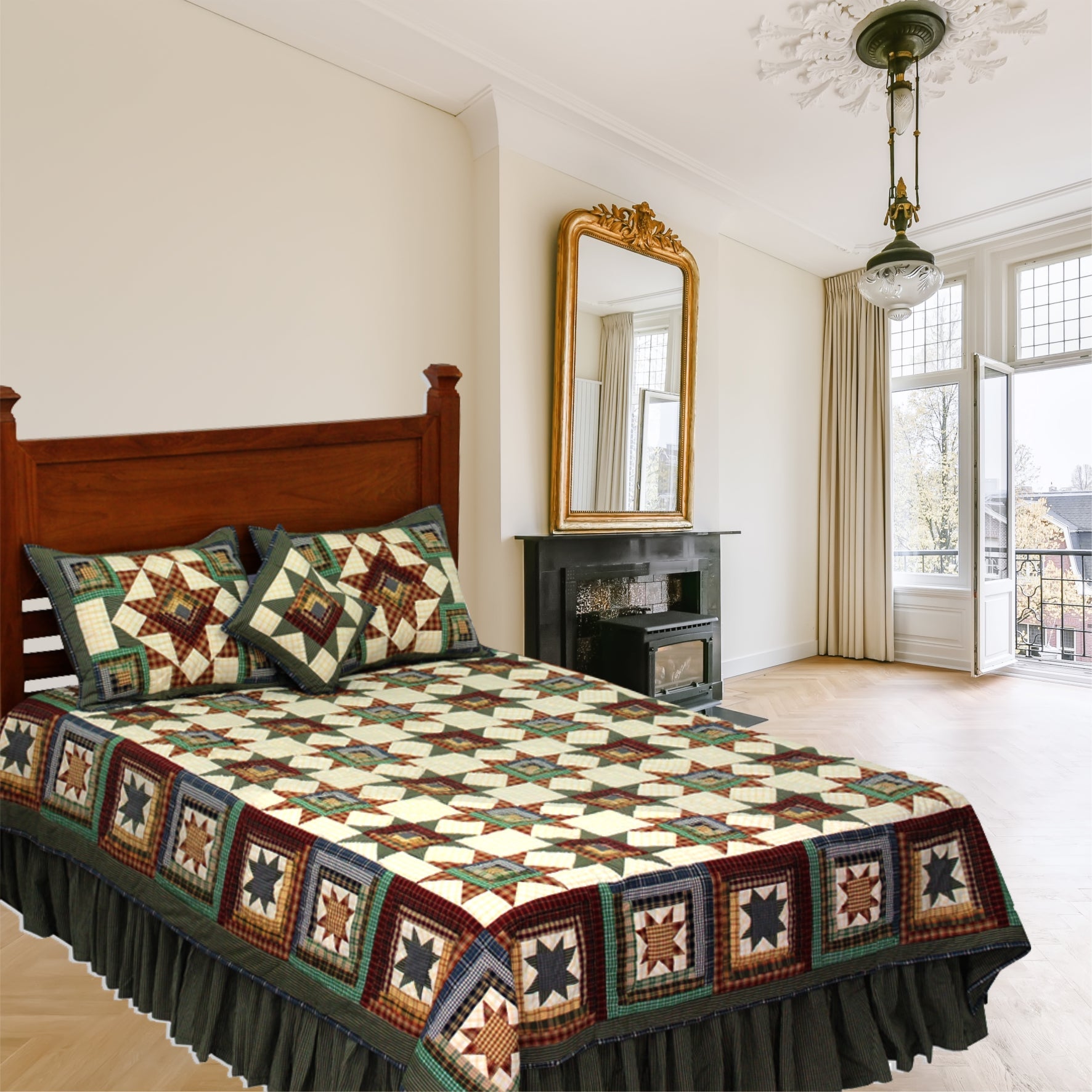 Patch Magic's Andriondack Star Quilt - These Adirondack Star feature grey and chequered yellow-brown colors encircling the border, which gives them an appealing appearance, as does the grey frill at the bottom. This Quilt will make you feel at ease and lift your spirits. This is appropriate for any cottage environment. 