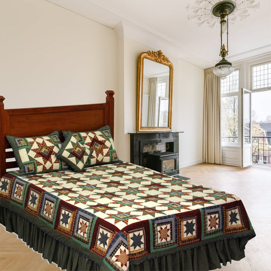 Patch Magic's Andriondack Star Quilt - These Adirondack Star feature grey and chequered yellow-brown colors encircling the border, which gives them an appealing appearance, as does the grey frill at the bottom. This Quilt will make you feel at ease and lift your spirits. This is appropriate for any cottage environment. 