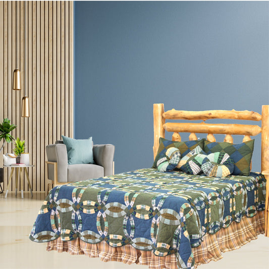 Chambray Wedding Ring Quilt, Hand cut and Patchwork cotton fabric blocks.