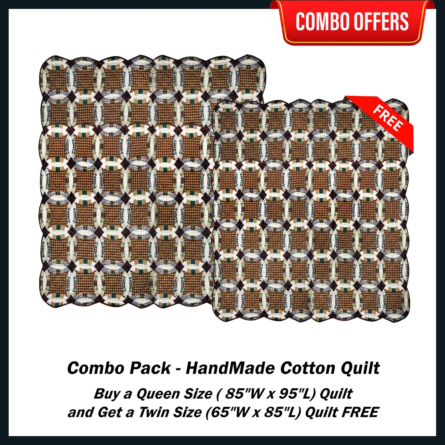 Farmland Wedding Ring Handmade Cotton Quilt - Buy a Queen Size Quilt and Get a Twin Size Quilt FREE
