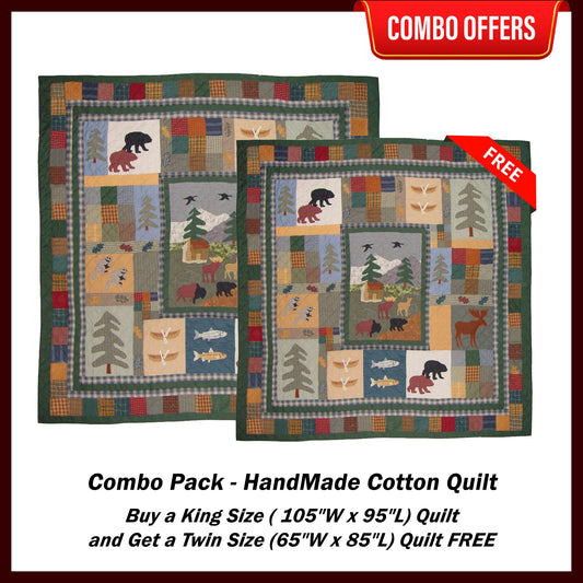 Northwoods Walk Handmade Cotton Quilt - Buy a King Size (or) Queen Size Quilt and Get a Twin Size Quilt FREE