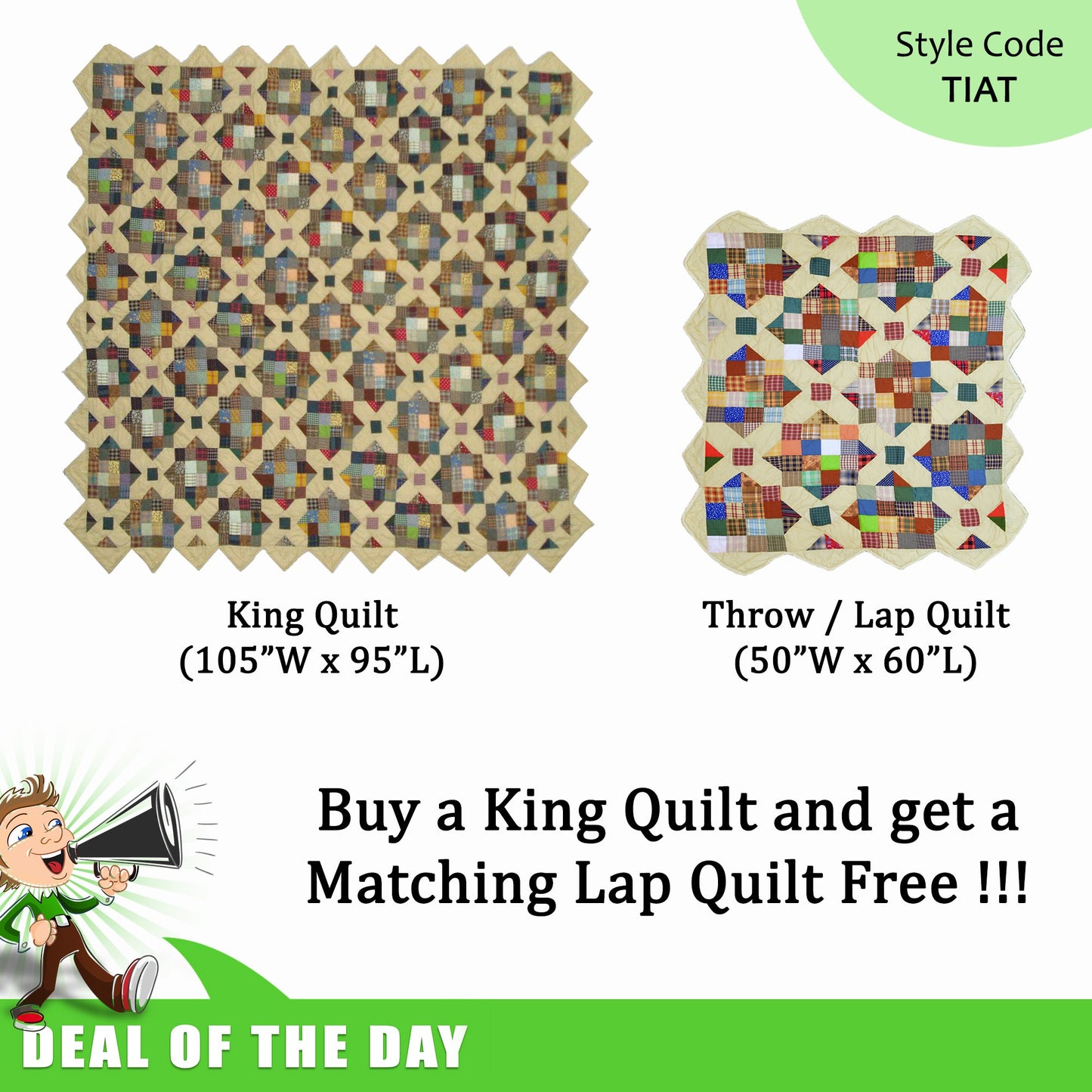 Buy a King Size Patchworked Quilt (105”W x 95”L) and get a  Matching Lap Quilt (50”W x 60”L) Free !!!