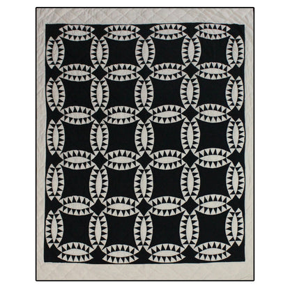 Patch Magic’s Black Wedding Ring Quilt - This black feathered white wedding rings with a black background adorn this quilt with a white border which is 100% Cotton shell and hand layered organic cotton fill. It is hand quilted and hand layered for a unique soft touch and warmth.