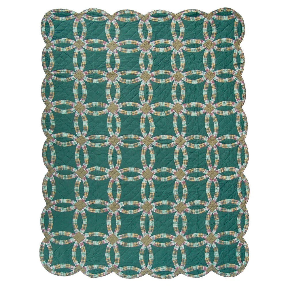 Green Double Wedding Ring Quilt, Hand cut and Patchwork cotton fabric blocks.