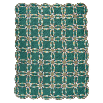 Green Double Wedding Ring Quilt, Hand cut and Patchwork cotton fabric blocks.