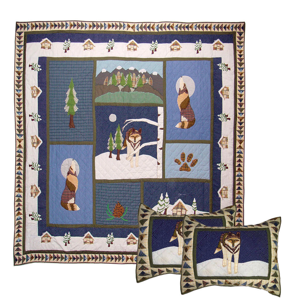 Wolf-Themed Embroidered Handmade Cotton Quilt -  Buy a Quilt and get a matching Pillow Shams FREE