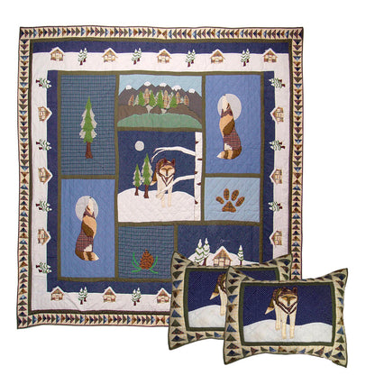 Wolf-Themed Embroidered Handmade Cotton Quilt -  Buy a Quilt and get a matching Pillow Shams FREE