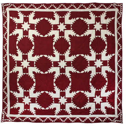 Red Feathered Star Quilt, Hand cut and Patchwork cotton fabric blocks.