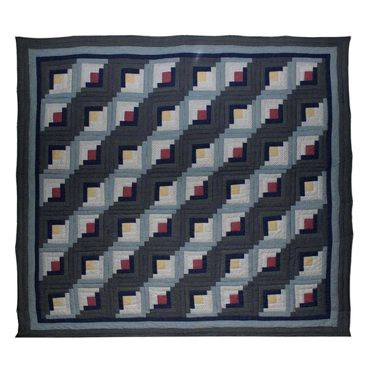 Summer Log Cabin Cotton Reversible Quilt, Queen Size - 85"W x 95"L.